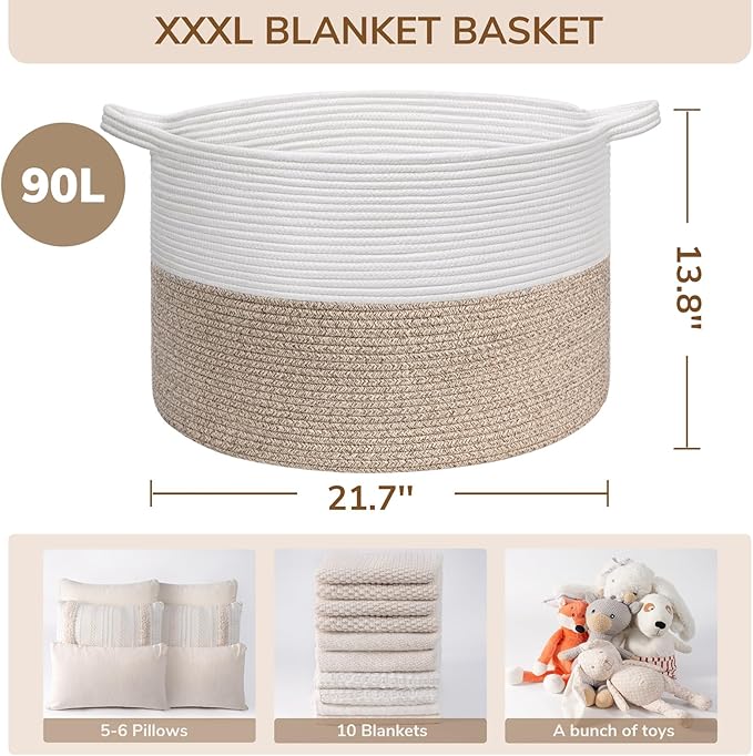 INDRESSME Large Laundry Basket, 21.7'' x 13.8'' Cotton Rope Blanket Basket Living Room Toy Baskets Storage Kids, Woven Baskets for Dirty Clothes, Pillows, Towel, 90L Light Brown
