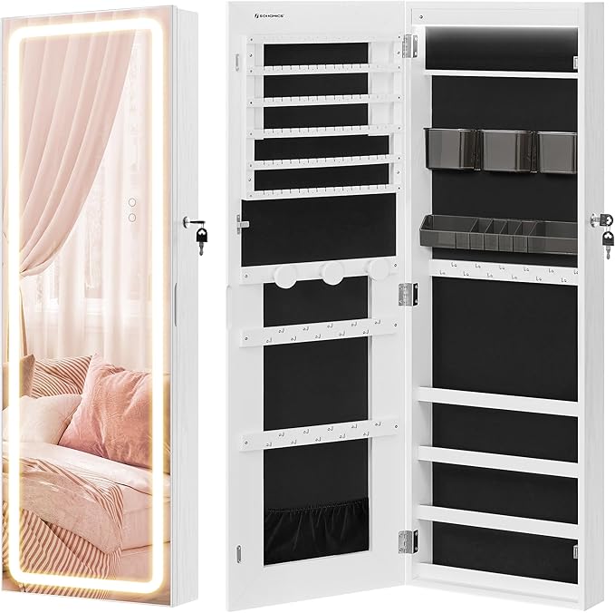 SONGMICS LED Mirror Jewelry Cabinet Armoire, Wall or Door Mounted Jewelry Storage Organizer, Hanging Lockable Frameless Mirror Cabinet with 2 Plastic Cosmetic Organizers, Christmas Gift Idea, White