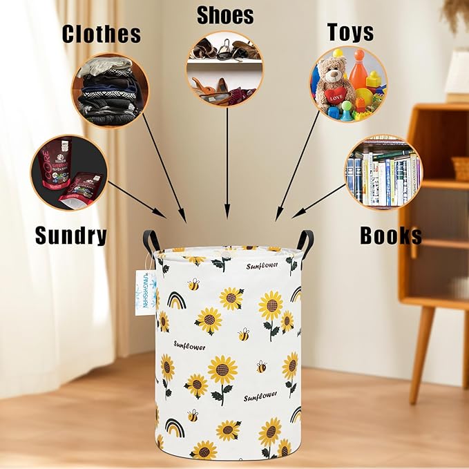 LANGYASHAN Storage Bin, Canvas Fabric Collapsible Organizer Basket for Laundry Hamper,Toy Bins,Gift Baskets, Bedroom, Clothes,Baby Nursery (Sunflower)