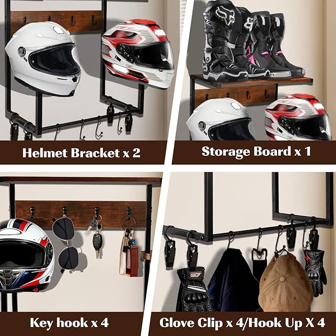 Motorcycle Helmet Holder Wall Mount, Wooden Helmet Display Stands with Metal Frame Tiered Organizer,with 2 Helmet Rack,4 Glove Chips and 8 Hooks for Motorcycle Gear Accessories Storage