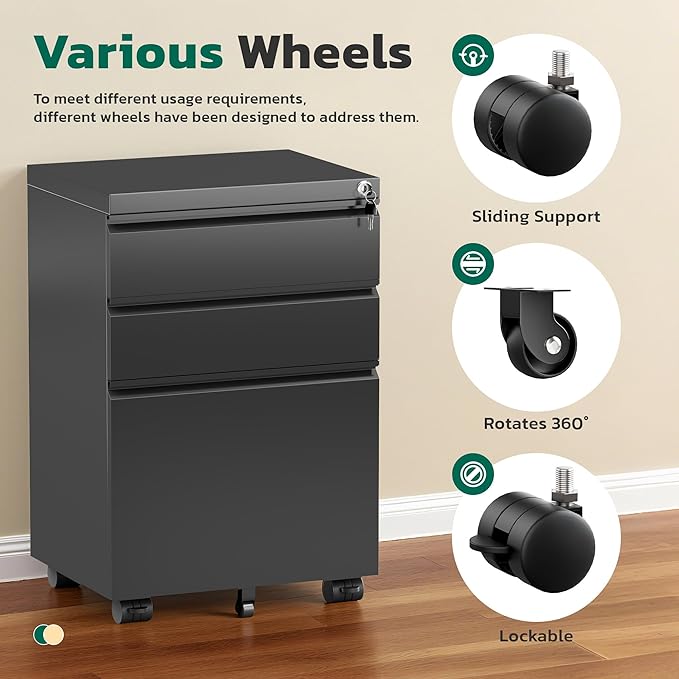 Greenvelly 3 Drawer Mobile File Cabinet with Lock, Fully Assembled Rolling File Cabinet Except Casters, Under Desk File Cabinet with Wheels for Home Office Fit Legal/Letter/A4 File (Assembled, Black)