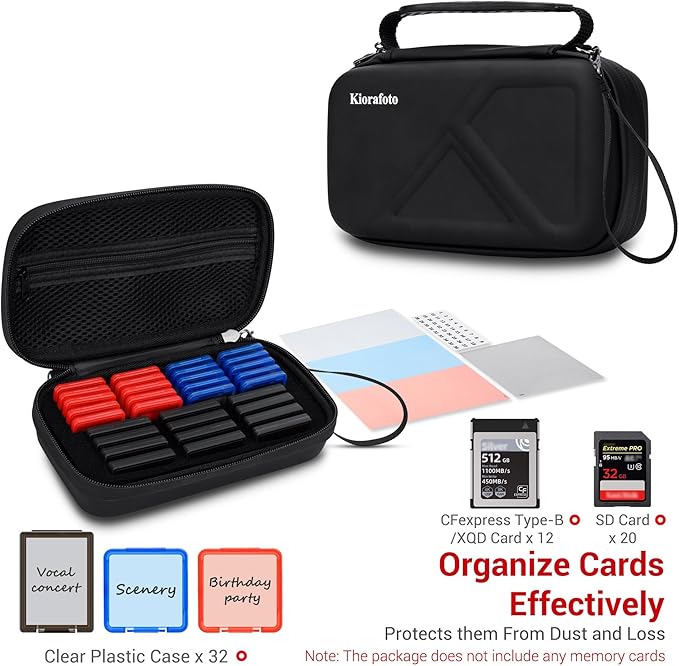 EVA PU CFexpress Type B Card Case with 32 PCS Individual Plastic Memory Card Holder for 12 XQD/CFexpress Type-B Cards & 20 SD SDXC SDHC Cards,Water-Resistant Anti-Shock CFexpress SD Card Case Storage