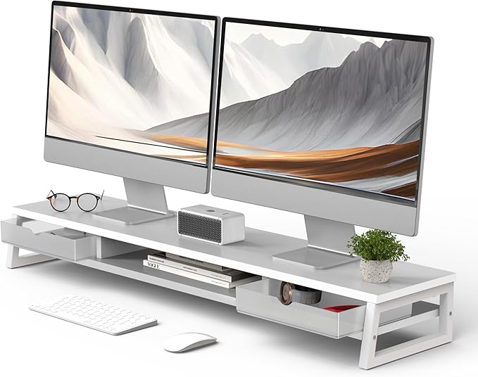 Fenge Dual Monitor Stand, Monitor Riser with Drawer, 42.5 Inch Large Computer Monitor Stand for 2 Monitors, 2 Tier Wooden Desk Shelf for Top of Desk