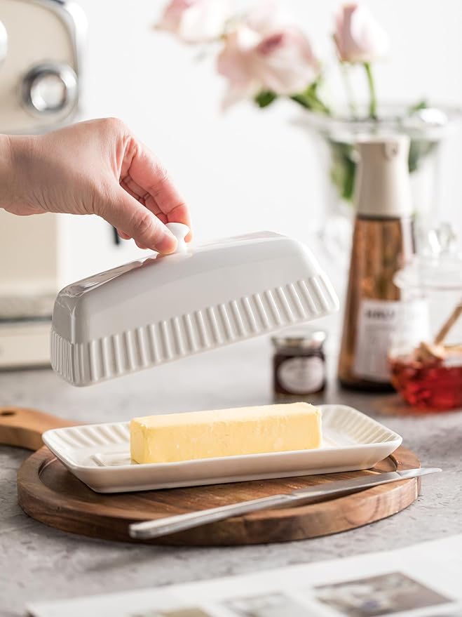Ceramic Butter Dish with Lid, White Butter Holder Container with Porcelain Cover Knob Handle, Butter Dishes for Countertop Refrigerator, Perfect for East West Coast Butter Storage, Striped