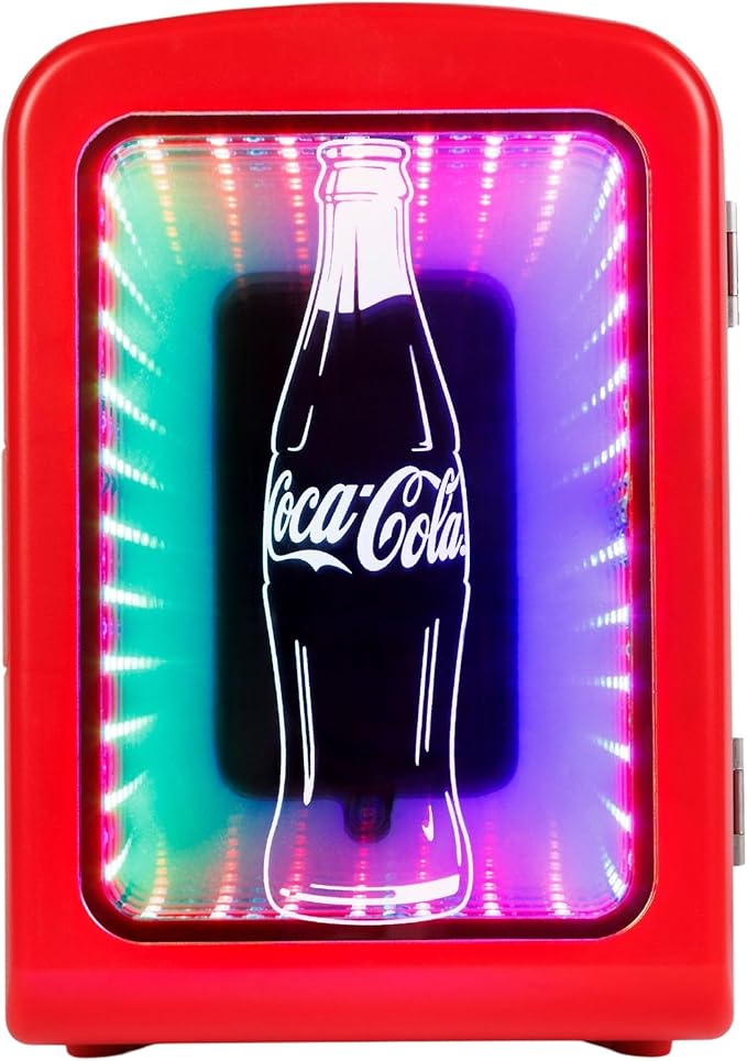 Coca-Cola 4L / 6-Can Mini Fridge with Multi-Color LED Light – Portable Thermoelectric 12V DC/110V AC Quiet Cooler/Warmer for Bedroom, Office, Car, Gaming Room, Mini Refrigerator for Drinks & Skincare