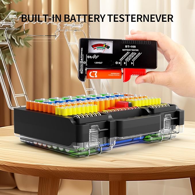 Battery Organizer Storage Holder Box Case with Tester, Stores & Protects Up to 260 Batteries, Double-Clear Locking Lid, Holds AA AAA C D and More (Not Includes Battery Pack) - Black