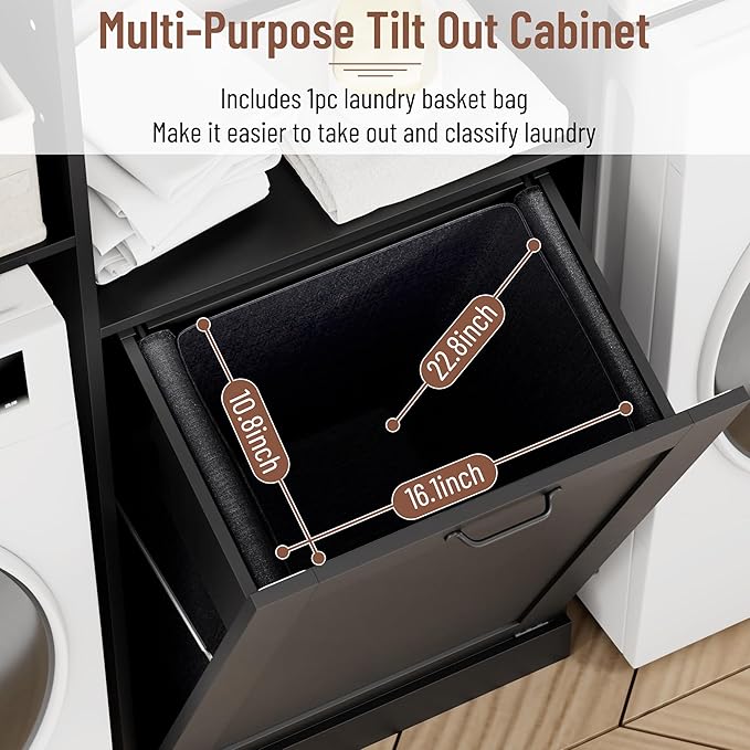 Over The Washer and Dryer Storage Cabinet, Laundry Room Organizer Standing Shelf with Tilt-Out Laundry Hamper Cabinet and Hooks, Space Saving Laundry Room Cabinets