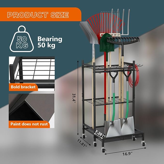 Garden Tool Organizer Garage Tools Organizer with Wheels for Simple Assembly for Shed Organization