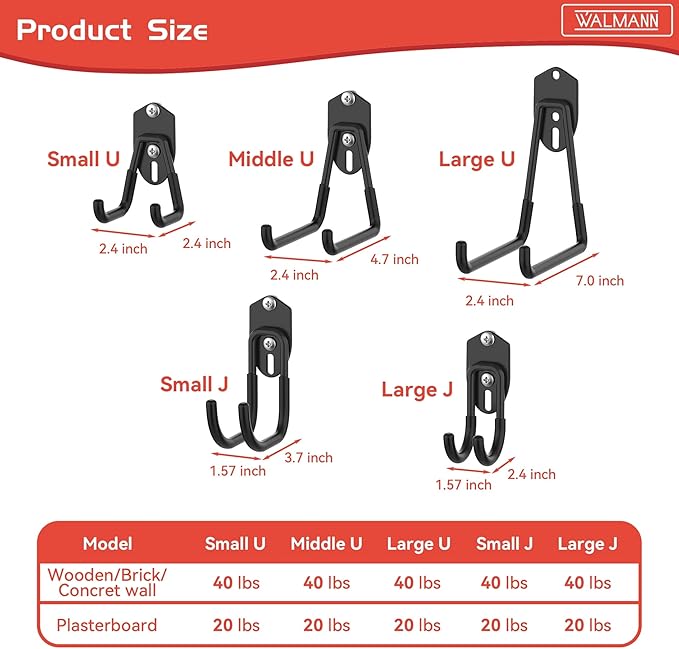 WALMANN 12 PCS Garage Storage Hooks, Wall Mount Utility Hooks for Tools, Ladders, Cords, Folding Chairs, Shovels and Rakes, Shelving Hooks for Keyhole Shelving Units(Black)