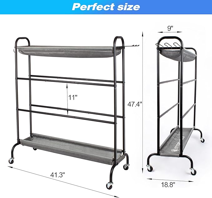 Basketball Rack, 4-Layer Ball Rack Rolling Balls Organizer with Baseball Bat Holder & Hooks Sport Equipment Storage Cart with Wheels for Football, Volleyball, Soccer