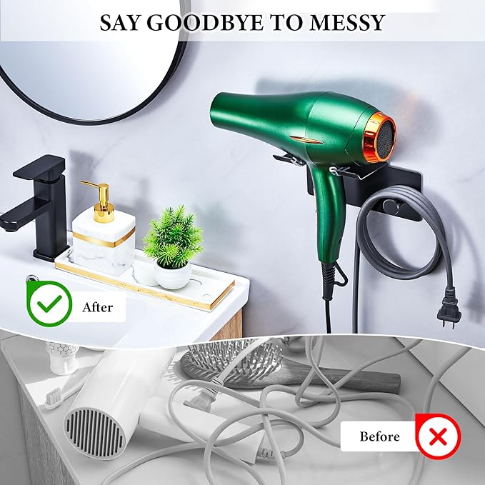 Hair Dryer Holder Wall Mounted, Blow Dryer Holder, Adhesive Hairdryer Holder for Bathroom, Hair Tool Organizer Hair Dryer Hanger, Blowdryer Holder for Wall, Hair Dryer Hook with Cord Storage (Black)