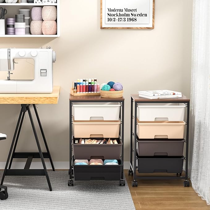 Utility Cart with 4 Drawers,Rolling Storage Cart with Drawers,Storage Rolling Drawer Cart,Brown