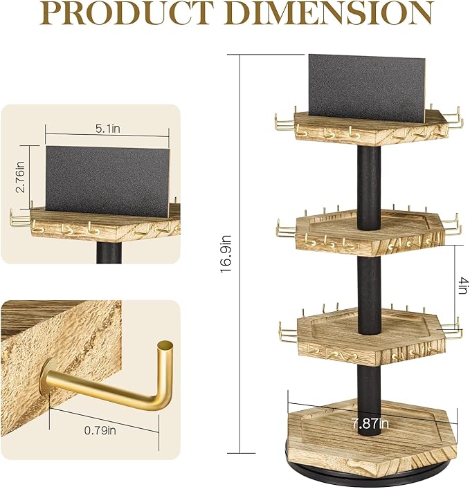LadyRosian 3-Tier Wooden Rotating Jewelry Display Stand | Bracelet & Keychain Organizer with Advertising Board | 54 Hooks Rustic Holder for Vendor Booth & Stores (3-Tier Round Hexagon)