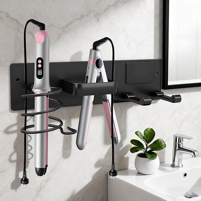 Hair Dryer Holder Blow Dryer Holder for Wall Mount Curling Iron Holder Flat Iron 3 in 1 Bathroom Hair Tool Organizer Rack, Matte Black