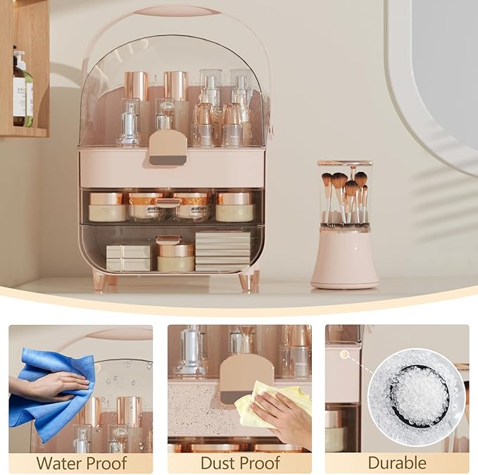 Makeup Organizer Countertop & Makeup Brush Holder with Lid 360 Rotating Clear Dustproof Skincare Holder for Vanity Bathroom Countertop, Ideal Gifts for Women, Transparent, Pink
