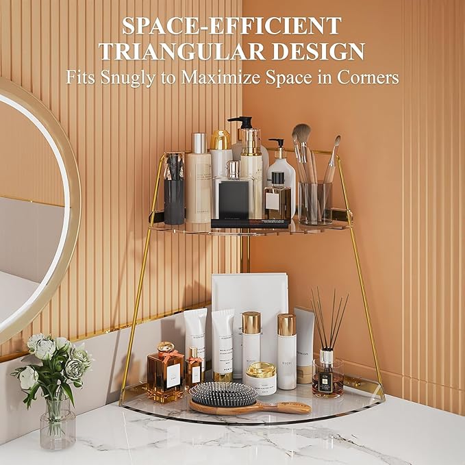 NiHome 2-Tier Acrylic Countertop Corner Organizer for Bathroom Kitchen Bedroom, Corner Skincare Organizers Makeup Organizer for Vanity Storage - Sturdy Metal Frame & Anti-Slip Pads, Home & Office Use