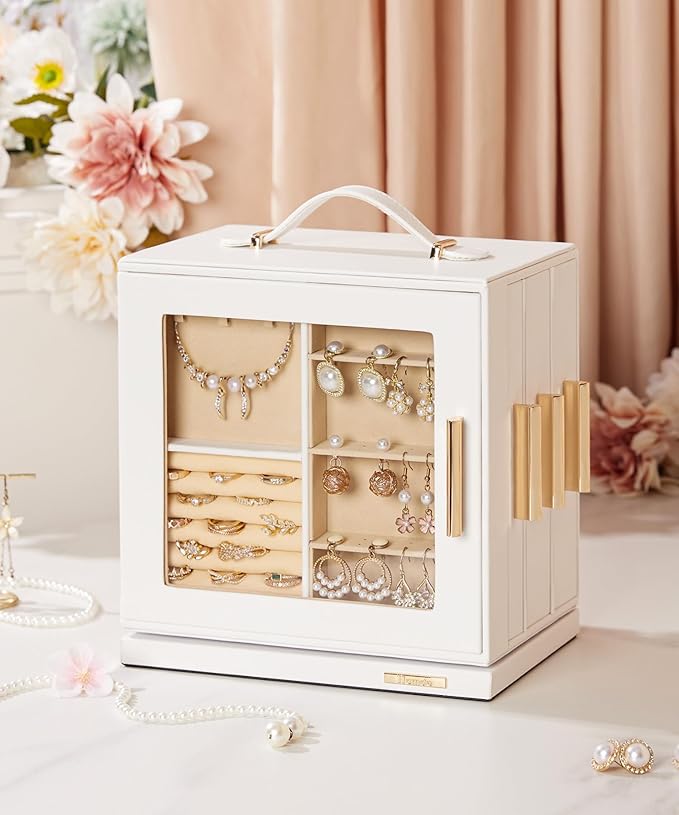 Homde Christmas Gifts Jewelry Box 360° Rotating, Necklace Earring Organizer with Transparent Window, Mirror, 7 Drawers, Large Ring Display Storage Case for Girls Women (White)