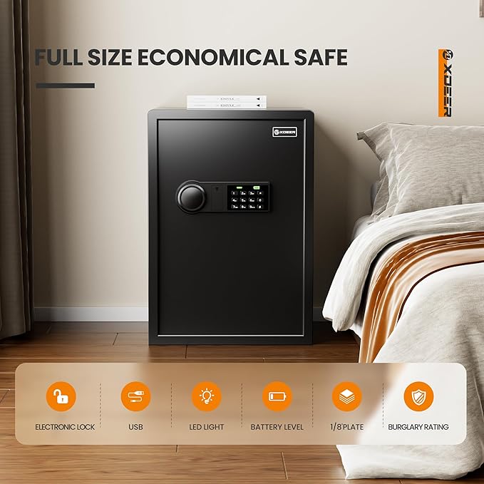 XDeer Biometric Safe Box, Quick-Access Security Safe Box with Upgraded Fingerprint, Steel Handgun Safe Lock Box for Kid/Home/Office (2.04 Cu.Ft【NO FPR】)