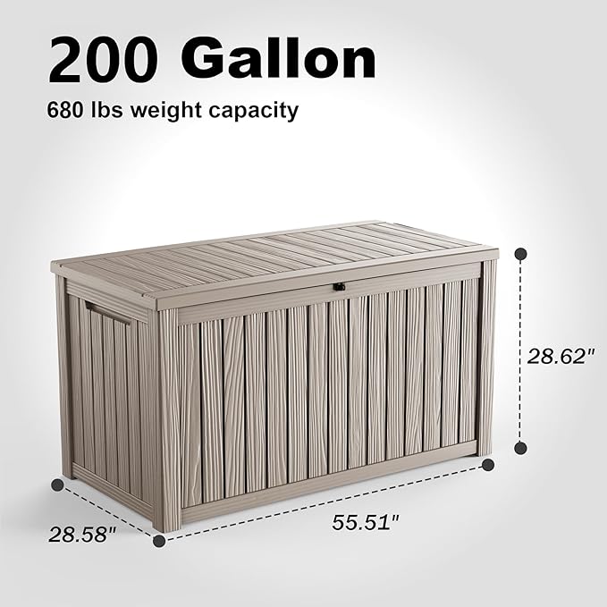 200 Gallon Outdoor Deck Box,Storage Lockable Waterproof Patio Furniture,Garden Tools,Cushions,Pool Accessories Outside Storage Resin Box(Grey)