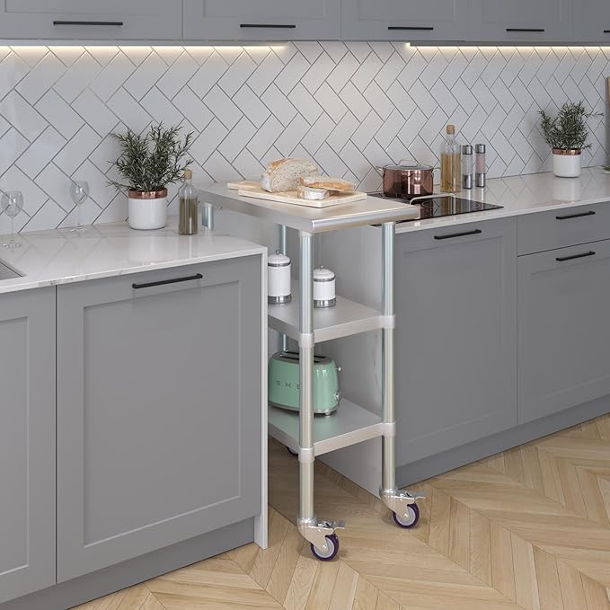 AmGood Stainless Steel Work Table with 2 Shelves and Casters | Metal Utility Table On Wheels (Stainless Steel Work Table with 2 Shelves + Casters, 15" Long x 30" Deep)