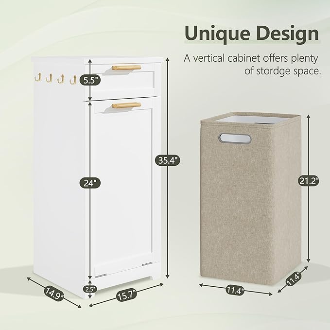 VECELO Tilt Out Laundry Hamper, 35" Bathroom Cabinet with Hidden Removable Basket, 1 Drawer and 4 Side Hooks for Storage, White