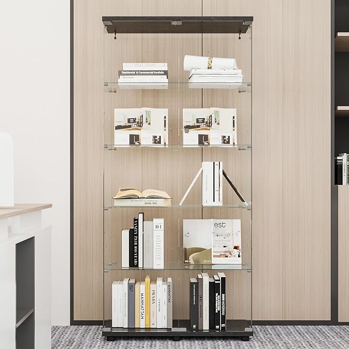 Beauty4U Glass Display Cabinet with 5 Shelves Double Door, Curio Cabinets for Living Room, Bedroom, Office, Black Floor Standing Glass Bookshelf, Quick Installation