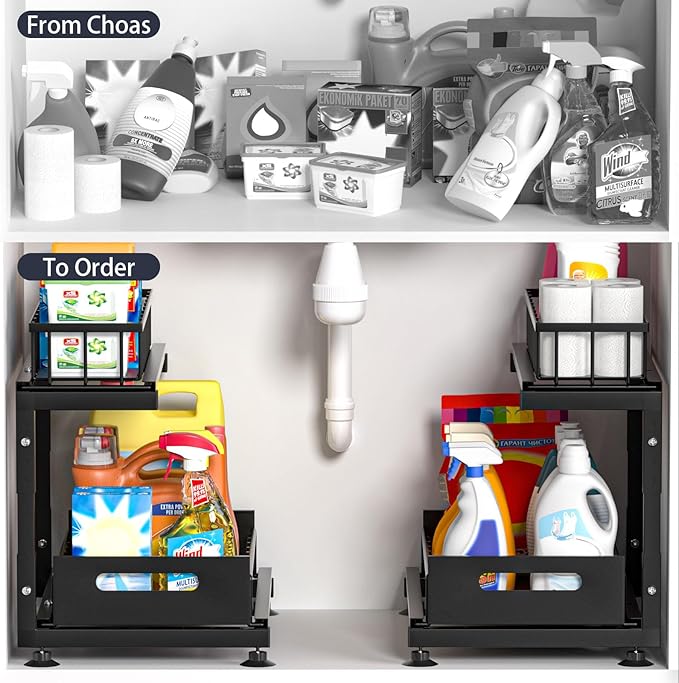 Under Sink Organizer, 2-Tier Pull Out Cabinet Drawer with Adjustable Height 13.7-17.1", Kitchen Bathroom Storage Rack, Heavy Duty Metal Sliding Basket Shelf