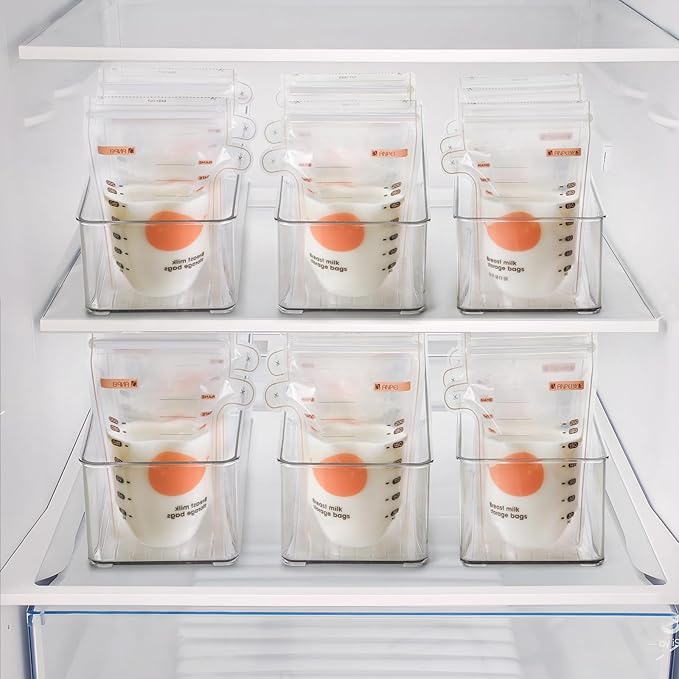 Hudgan 4 Pcs Storage Container Breastmilk for Fridge, Clear Organizer Bins for Milk Bags, Plastic Storage Bins for Freezer, Pantry, Bottles Bathroom, Vanity, Drawer and Yogurts