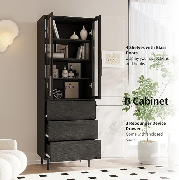 TUSY 70.9“ H Book Shelf with Drawers, 7-Tier Bookcase with Glass Doors, Display Curio Cabinet, Office Storage Cabinet, Narrow Display Bookcase for Home, Office, Clinic, Pantry (Black)