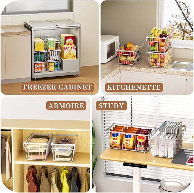 Enhanced Leak-Proof Bottom - Freezer Organizer Bins ，4 Pack Stackable Deep Freezer Organizer Bins for 7 Cu.FT Small Chest Freezer，Easy Get Bottom Foods without Digging（white）