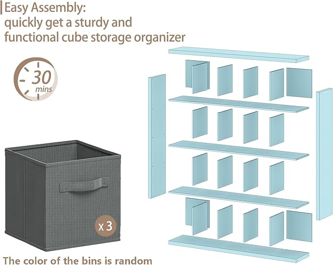 Sturdy Wooden Bookshelf - 20-Cube Storage Organizer with Bins & Multifunctional Cubicle Rack for Living Room, Bedroom or Office - Black