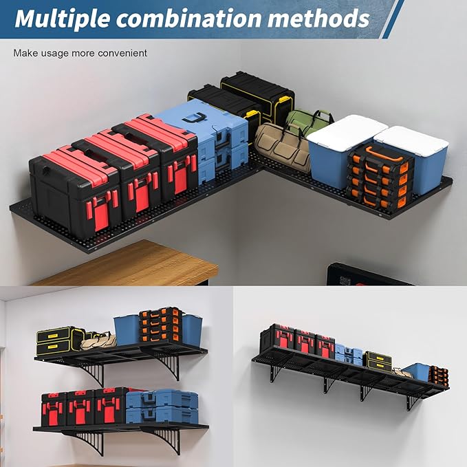 Garage Wall Shelving Heavy Duty, 43.3" Floating Shelves 264lbs Capacity, Garage Wall-Shelf with Adjustable Rails for Wood Stud and Concrete Walls, Metal Shelves for Storage Organization