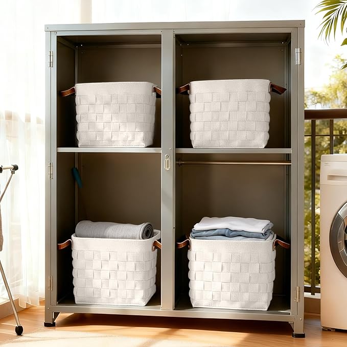 boldmonkey Storage Basket 3 Pack, 13" x13" x13 Large Blanket Baskets with Leather Handle, Cube Felt Fabric Storage Box for Shelves, Bedroom, Nursery, Living Room - Beige