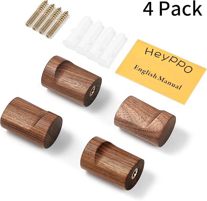 Wooden Wall Hooks 4 Pack, Modern Decorative Coat Hook Wall-Mount, Handmade Rustic Hat Hooks, Entryway Wall Hangers for Hanging Coats Hats Backpack, Bathroom Wood Towel Rack (Walnut)