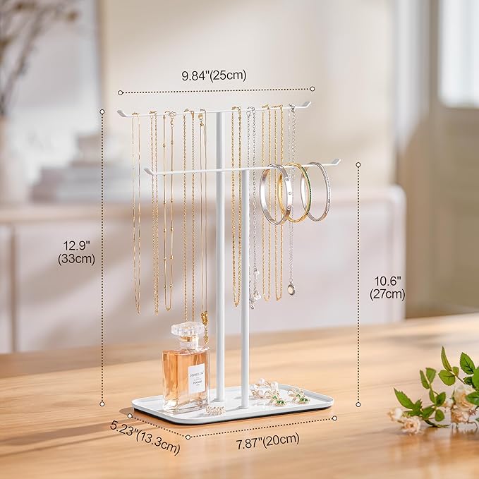 pickpiff Necklace Holder Jewelry Organizer Stand – 2‑Tier T‑Bar Jewelry Display Tree with Tray for Countertop Necklace Bracelet Earring Storage, Vanity Dresser Bathroom Sink, White
