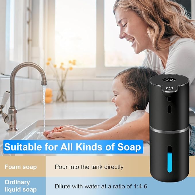 Automatic Foaming Soap Dispenser Touchless, USB Rechargeable Smart Hand Soap Dispenser, 6-Level Adjustable, 12.8oz/380mL, Compatible with Thick Thin Dish Soap for Bathroom Kitchen, Black