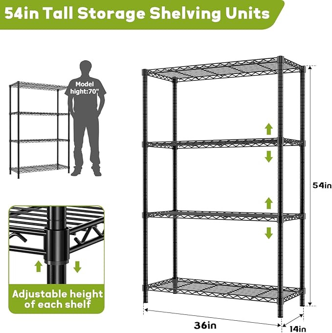 Storage Shelves Heavy Duty, 36" L x 14" W x 54" H Garage Wire Shelving Unit Loads 1400LBS, 4-Tier Adjustable Metal Industrial Utility Shelf Rack for Kitchen, Laundry Room, Pantry, Warehouse, Basement