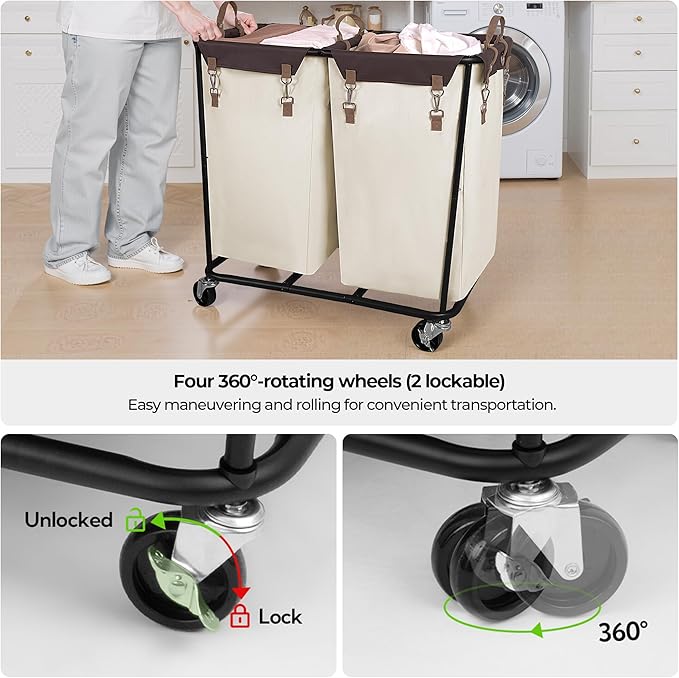 StorageWorks 280L Large Lanudry Hamper with Wheels, Laundry Basket with Wheels 2 Sections, Clothes Sorter Cart with Divider for Hotel, Home, Beige, 1-Pack