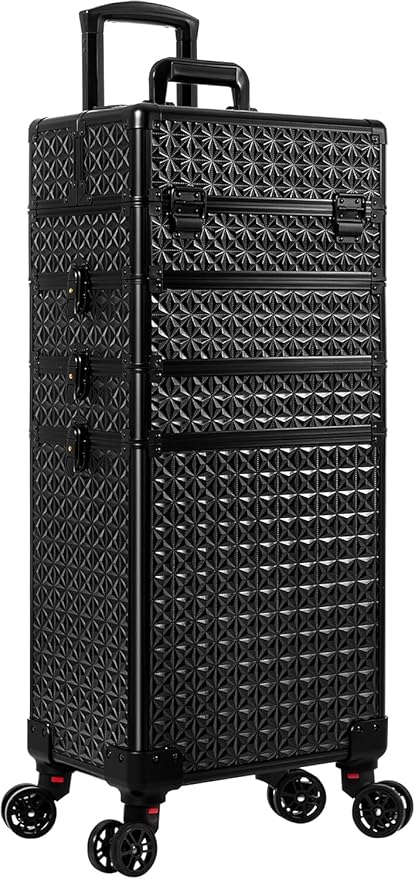 AROUS 5 in 1 Rolling Makeup Train Case Cosmetology Case on Wheels Large Cosmetic Organizer Travel Cart for Hairstylist Artist Nail Beauty Salon Barber,Black