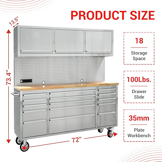 CT Copper Tailor 72-inch Rolling Tool Chest with Integrated Power Strip,15 Drawers and Wheels, Garage Workbench with Storage, 3 Upper Cabinets, Pegboard in Stainless Steel