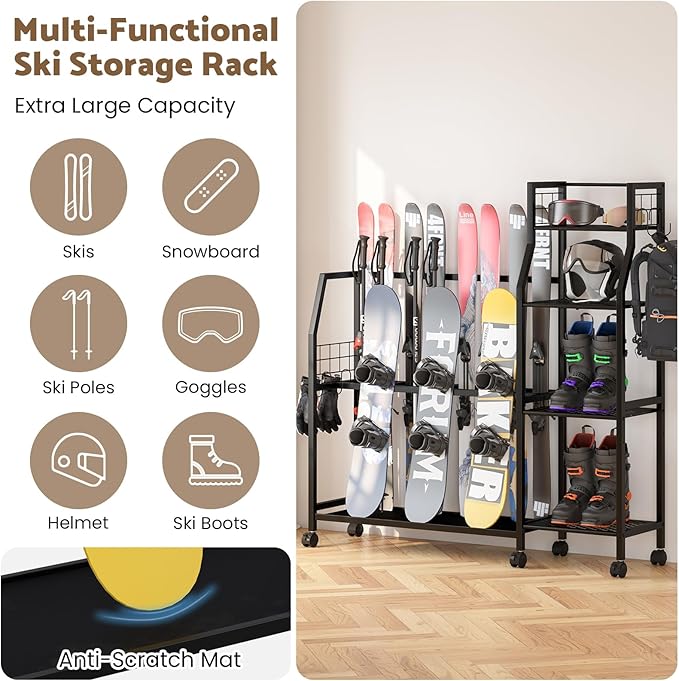 4-Tier Freestanding Snowboard Rack for 4 Pairs of Skis, 3 Snowboards, Boots, Poles, Goggles, Helmets, Ski Storage Rack with Adjustable Shelves, Snowboard Stand for Home, Garage
