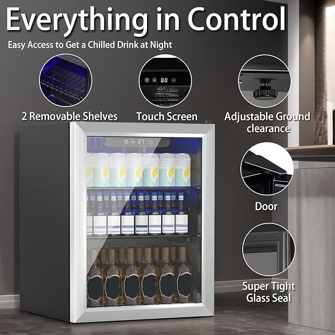 Compact 70 Can/1.7Cu.Ft Mini Fridge For Soda, Beer Or Wine, Portable Small Beverage Refrigerator With Digital Display&Removable Shelves &Reversible Glass Front Door For Office, Dorm, Bar