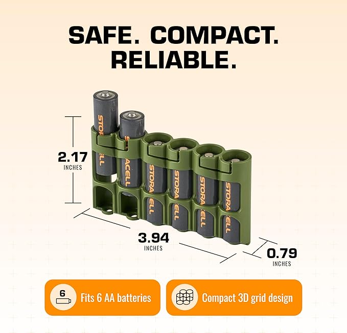 Storacell Slimline AA-6 Battery Storage Caddy and Dispenser (Pack of 2), Military Green, Holds 6 AA Batteries (Not Included), Durable & Compact Design, The Original Battery Caddy, Made in The USA