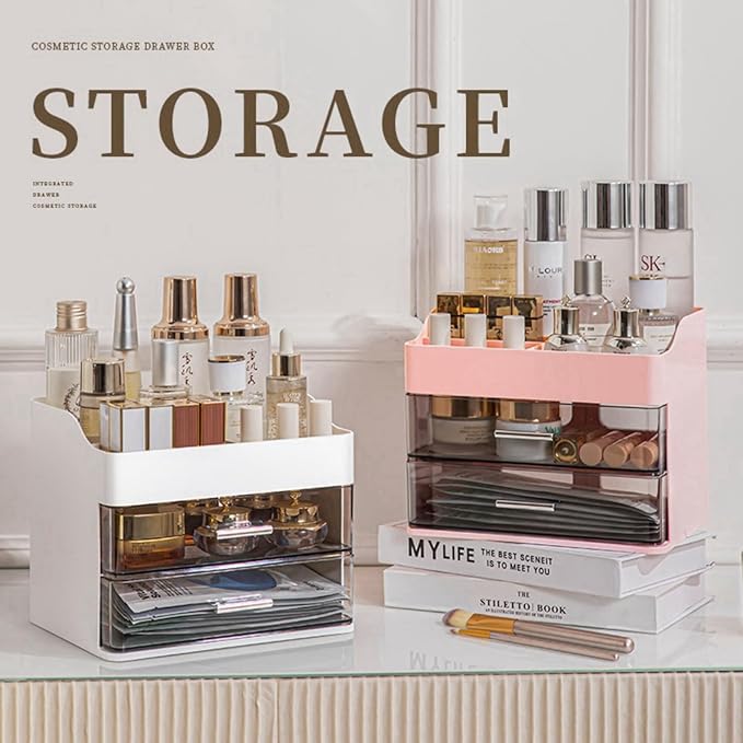 Pink Makeup & Skincare Organizer - 2 Drawer Vanity Storage Box with Cosmetic Display Case
