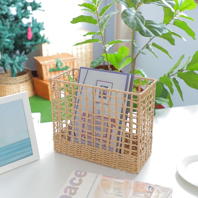 YRMT Magazine Holder Paper Rope Woven Storage Basket for Magazines, Newspapers, Books Decorative Folder Organizer Bin for Home Office
