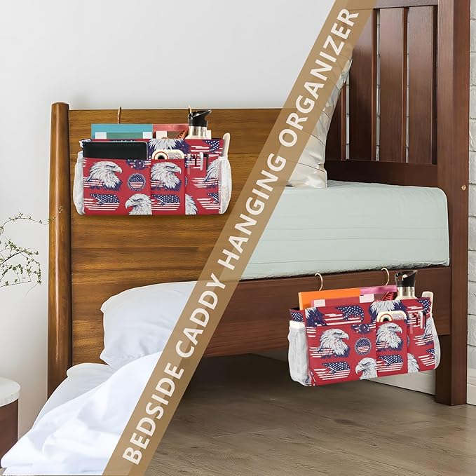 American Flag Bald Eagle Red Bedside Caddy for Dorm Bed Bedside Hanging Caddy Bag Iron Frame Storage Organizer Pocket for Bunk Home College Hospital Beds 2 Hooks