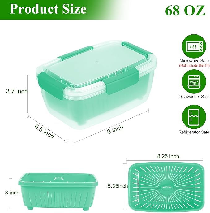 68oz Berry Keeper Fruit Storage Container for Fridge, Fresh Food Produce Saver Containers with Removable Drain Colander, Vegetable Lettuce Keeper Bowl, Refrigerator Organizer, PRESS TO OPEN CLOSE LID