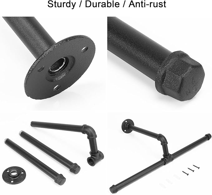 Industrial Pipe Clothes Rack Floating DIY Wall Mounted, Heavy Duty Rustic Vintage Clothing Rod, Metal Garment Bar Space-Saving Hanging for Bedroom, Bathroom and Laundry Room (Black 20 inch)
