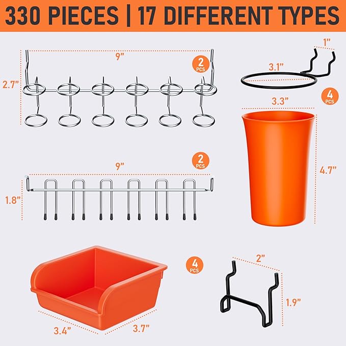 INCLY 280PCS Upgraded Pegboard Accessories Organizer Kit, Peg Board Hooks Assortment with Bins & Cups for Organizing Tools, Fit 1/8 or 1/4 inch Pegboard for Garage Workshop Wall Hanging Tools