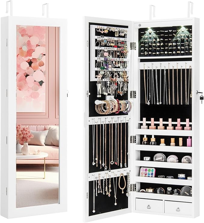 Giantex Jewelry Armoire Wall Door Mounted, Lockable Jewelry Cabinet with 42.5'' Full Length Mirror, 2 LEDs Jewelry Organizer Box with 2 Drawers, Mirror with Jewelry Storage (White)